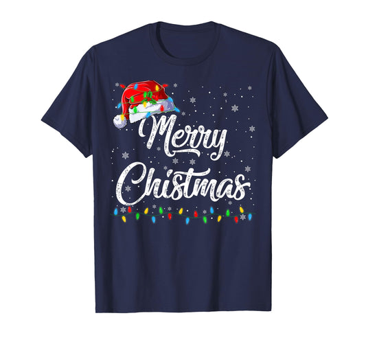 Merry Christmas Lights Santa Hat Xmas Family Men Women Kids T-Shirt