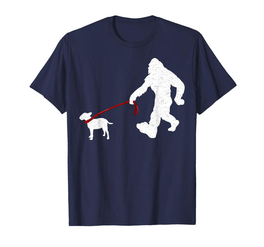 Funny Bigfoot Walking with Bull Terrier Dog T-Shirt