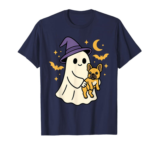 Ghost French Bulldog Dog Witch Hat Halloween Dog Costume T-Shirt