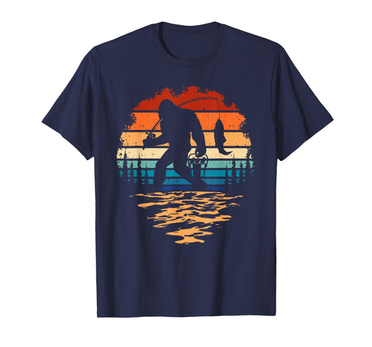 Bigfoot Fishing Funny Retro Sasquatch Dad Men Kids T-Shirt