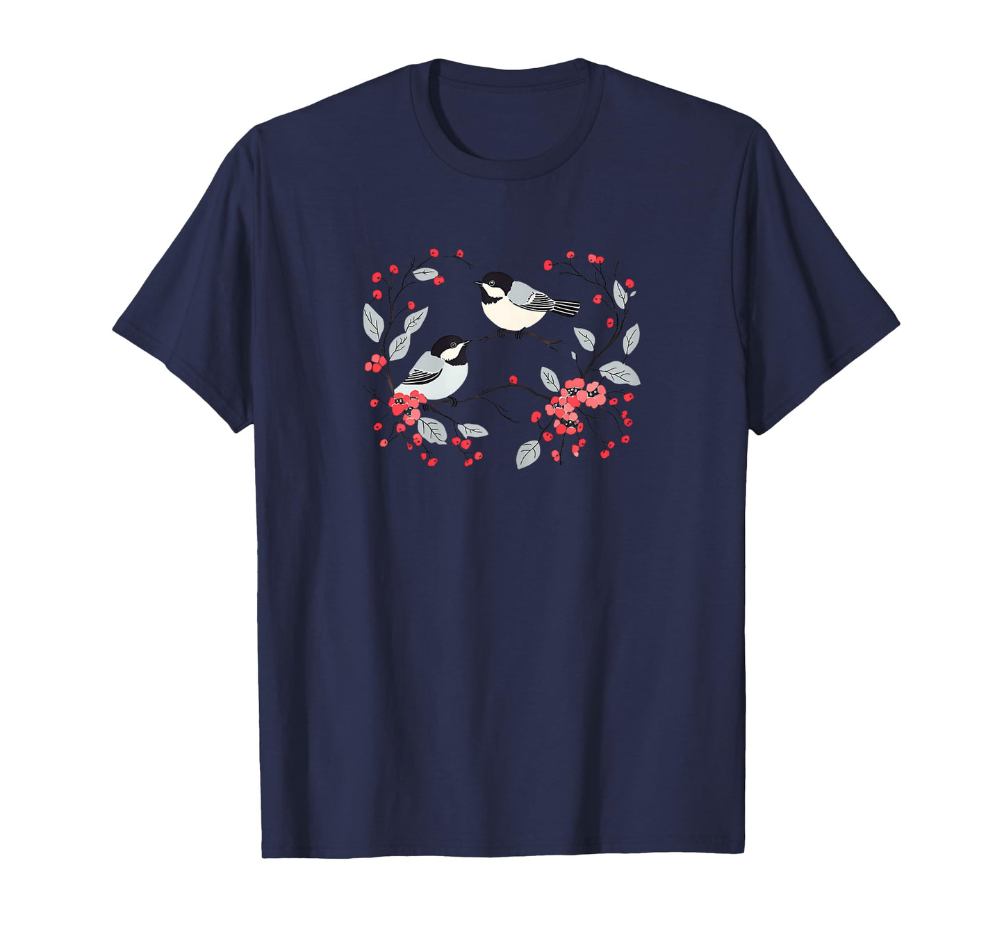 Romantic Chickadees Floral Wreath and Red Berries T-Shirt