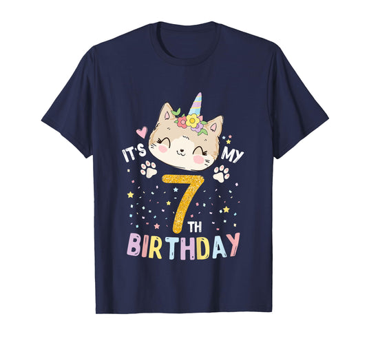 Kids It’s My 7th Birthday Cute Unicorn Cat 7-Year-Old Girl T-Shirt