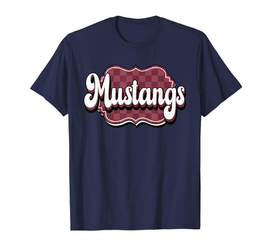 Mustangs Checkered Retro Maroon Mustang Pride School Spirit T-Shirt