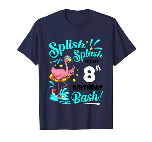 8th Birthday Flamingo 8 Years Old Pool Party Summer T-Shirt for Girls Kids