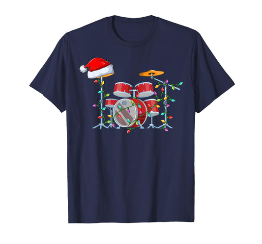 Xmas Lights Santa Hat Musical Drum Christmas T-Shirt