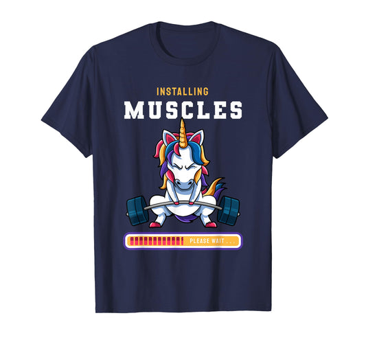 Funny Magical Unicorn Lifting Installing Muscles Loading App T-Shirt