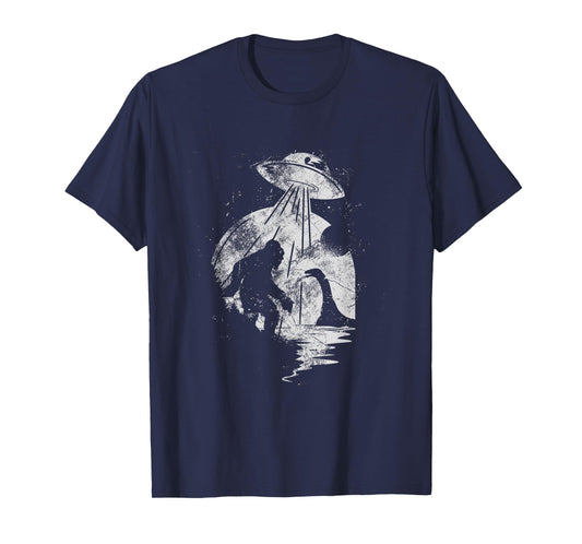 Bigfoot And Loch Ness Monster Being Abducted By A UFO T-Shirt