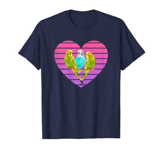 Three Parakeets Inside a Retro Sunset Style Heart T-Shirt