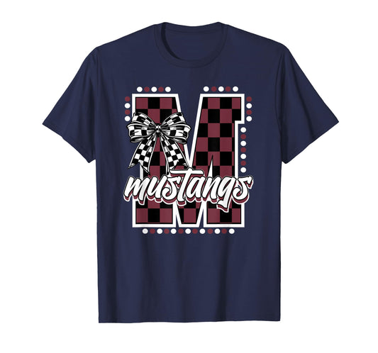 Mustangs Maroon Checkered Print Mustang Pride School Spirit T-Shirt