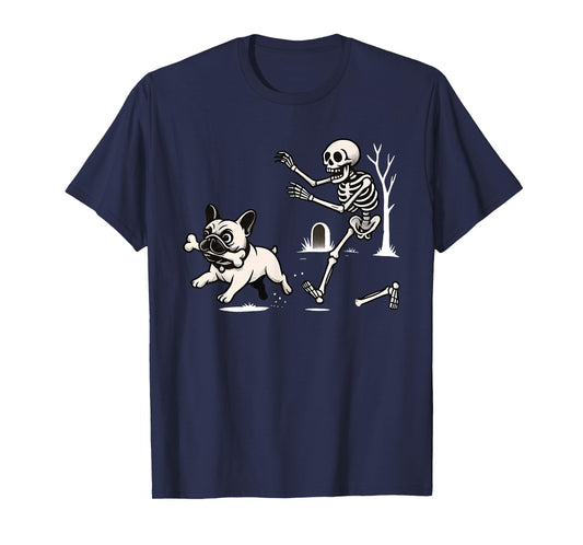 Halloween French Bulldog Skeleton Chasing Dog T-Shirt