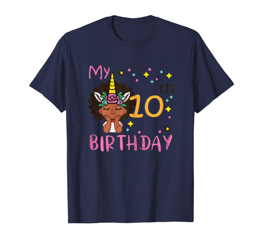 10th Birthday Afro Black Girl Unicorn 10 Year Old Bday Girls T-Shirt