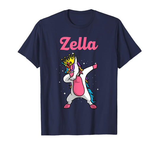 ZELLA Name Personalized Birthday Dabbing Unicorn Queen T-Shirt