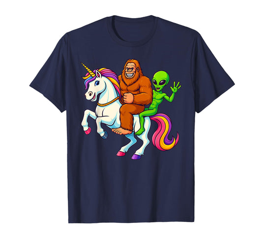 Funny Bigfoot Alien Unicorn Sasquatch & Alien Riding Unicorn T-Shirt