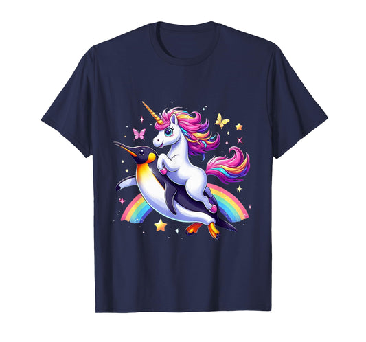 Unicorn Riding Penguin Boys Girls Men Women Kids Rainbow T-Shirt