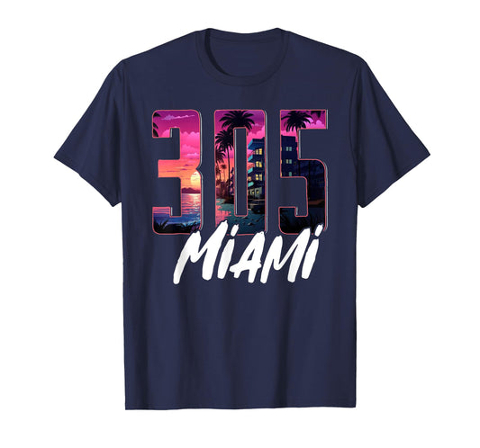 Miami 305 Area Code Vintage Florida Skyline 305 Retro Miami T-Shirt