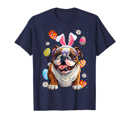 Cute English Bulldog Dog With Bunny Ears & Egg Easter Day T-Shirt