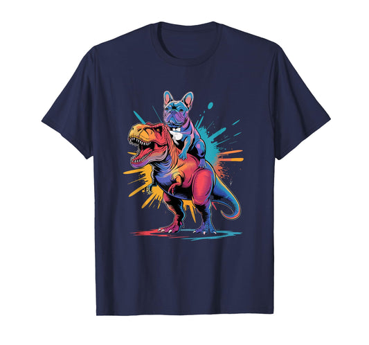 French Bulldog Riding Dinosaur Art Fun T-Shirt