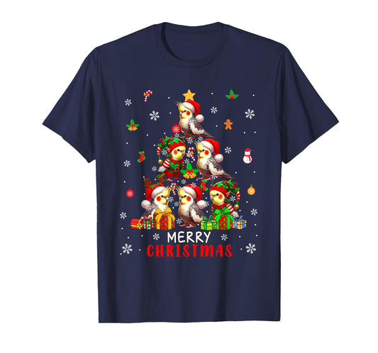 Merry Christmas Group Santa Elf Cockatiels As Xmas Tree Bird T-Shirt