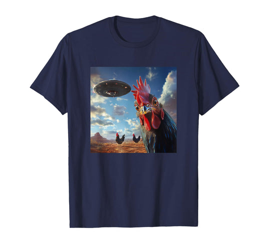 Chicken Hum Selfie with UFOs Weird Print Graphic Space Funny T-Shirt