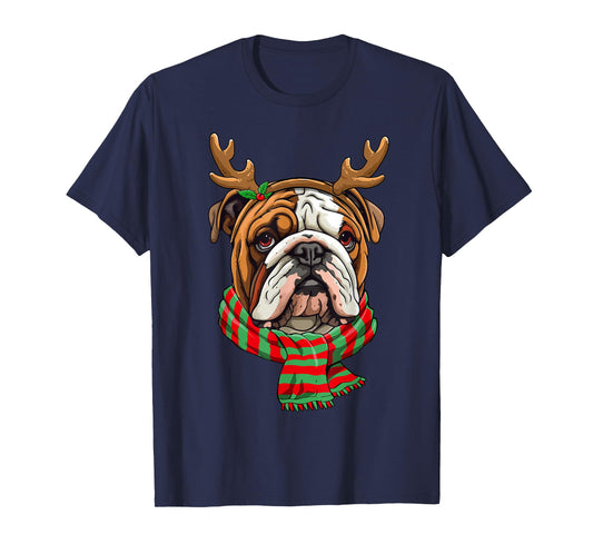 English Bulldog Dog Christmas Reindeer Santa Hat Funny Xmas T-Shirt