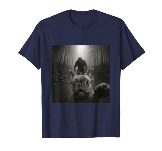 Funny Surprised Scared French Bulldog Selfie with Bigfoot T-Shirt