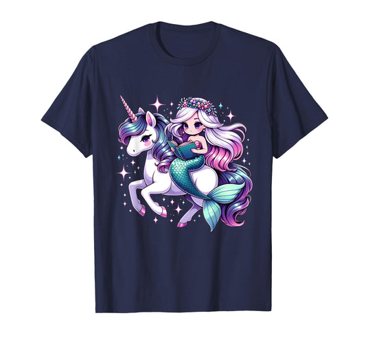 Unicorn kisses Mermaid wishes | reading books Birthday Girl T-Shirt