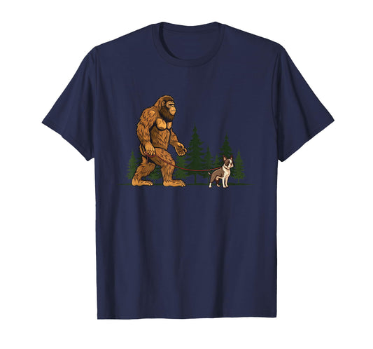 Funny Boston Terrier Bigfoot Dog Walking Dog Mom Dad Kids T-Shirt