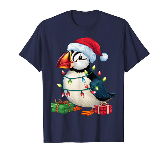 Puffin Bird Lover Xmas Lighting Santa Hat Puffin Christmas T-Shirt