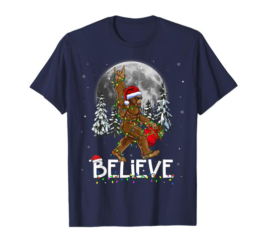 Santa Bigfoot Christmas Lights Funny Sasquatch Believe Xmas T-Shirt