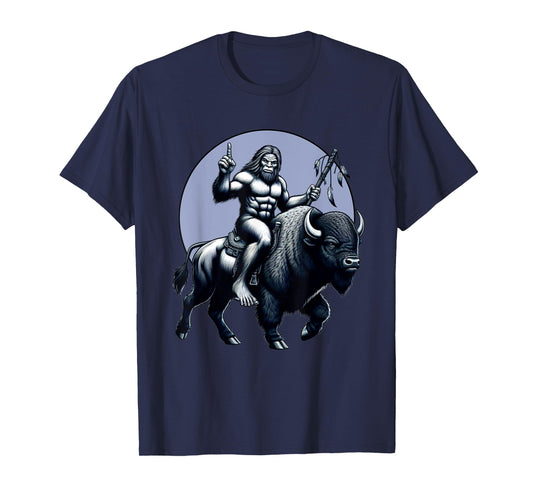 Bigfoot Riding Buffalo With Moon Bigfoot Buffalo Lovers T-Shirt