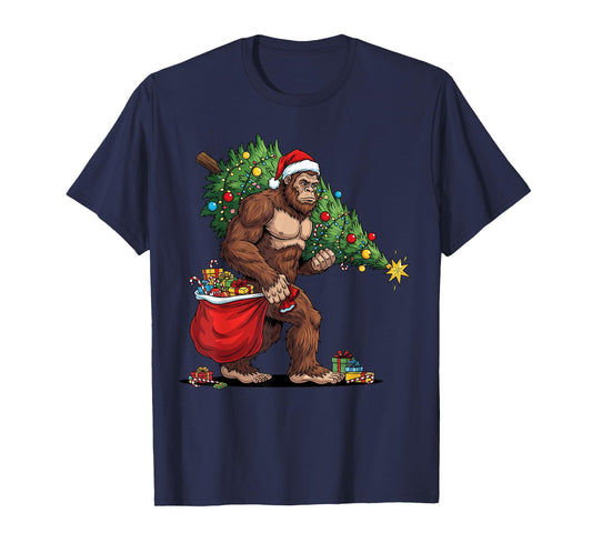 Christmas Bigfoot with Christmas Tree Lights Xmas Boys Men T-Shirt
