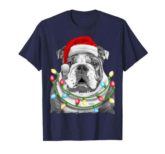 English Bulldog Santa Christmas Tree Lights Xmas Boys Dog T-Shirt