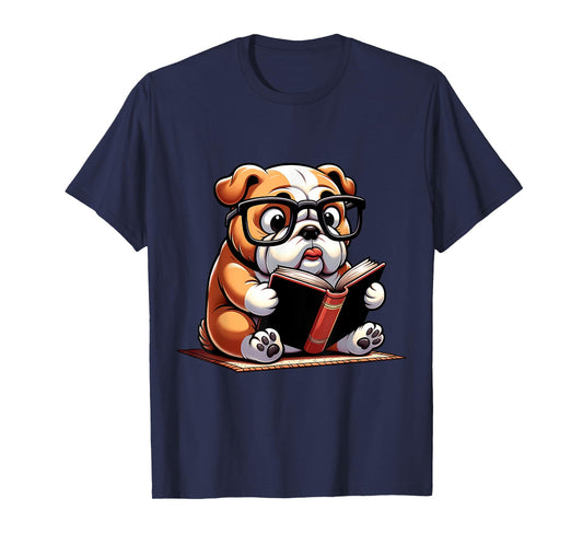 English Bulldog Reading a Book Dog T-Shirt for Men Women Girls Kids