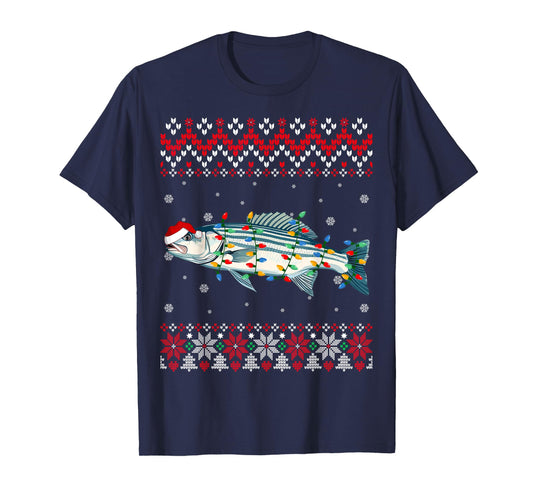 Striped Bass Fish Santa Hat Women Kids Ugly Christmas Light T-Shirt
