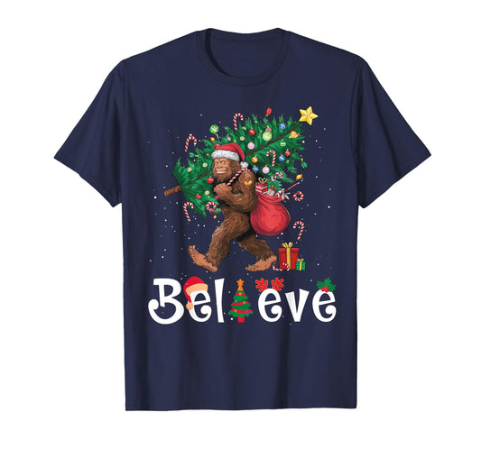 Santa Bigfoot Christmas Tree Lights Sasquatch Believe Xmas T-Shirt