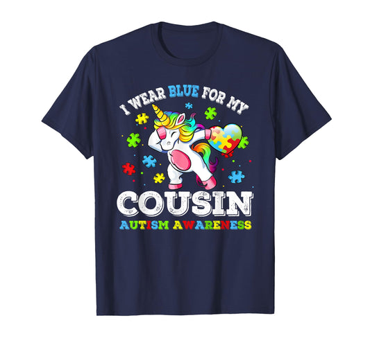 I Wear Blue For My Cousin Autism Dab Unicorn Puzzle Piece T-Shirt