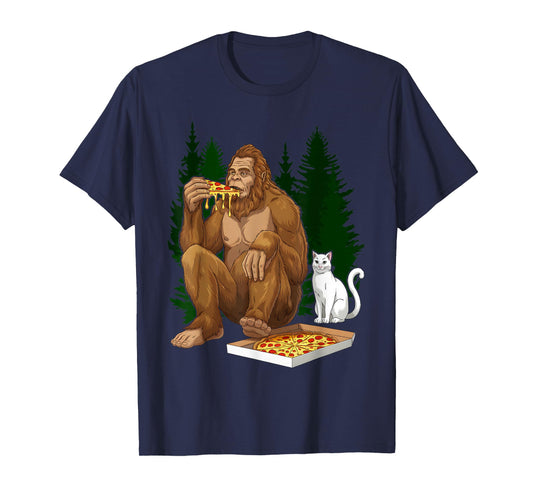 Funny Bigfoot Sasquatch Pet Cat Eating Pizza Adventures T-Shirt