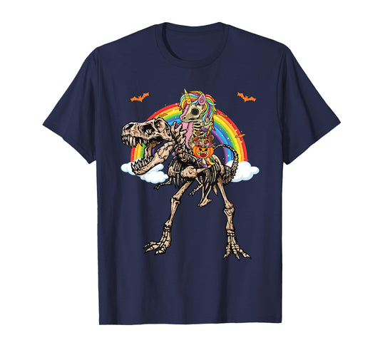 Skeleton Unicorn Riding Dinosaur T Rex Halloween T-Shirt