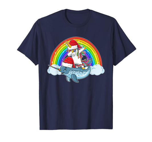 Dabbing Unicorn Riding Narwhal With Santa Hat Christmas T-Shirt