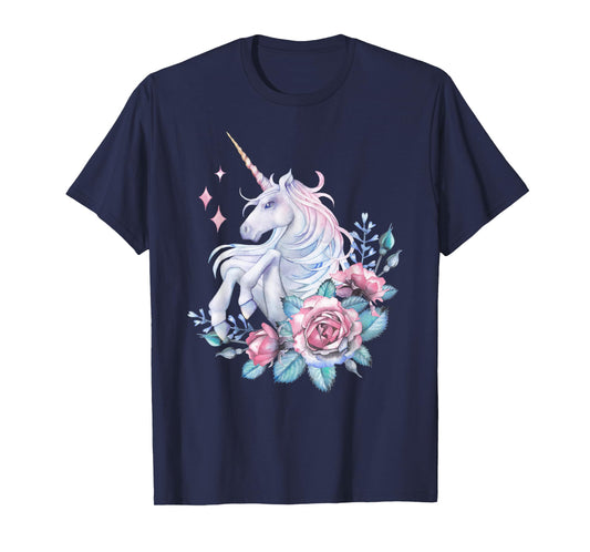 Watercolor Unicorn Horse Purple Blue Pink Flower Floral Rose T-Shirt