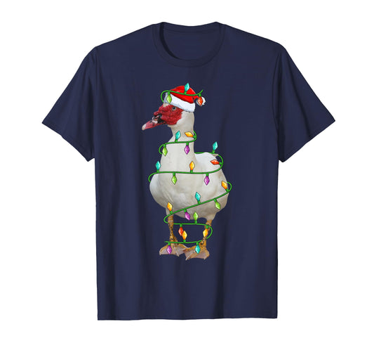 Xmas Lights Santa Hat Muscovy Duck Bird Christmas T-Shirt