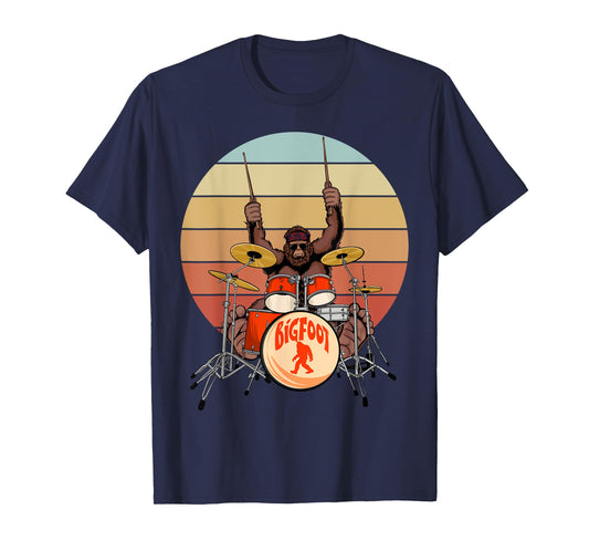 Retro Vintage Bigfoot Drummer Funny Sasquatch Playing Drums T-Shirt