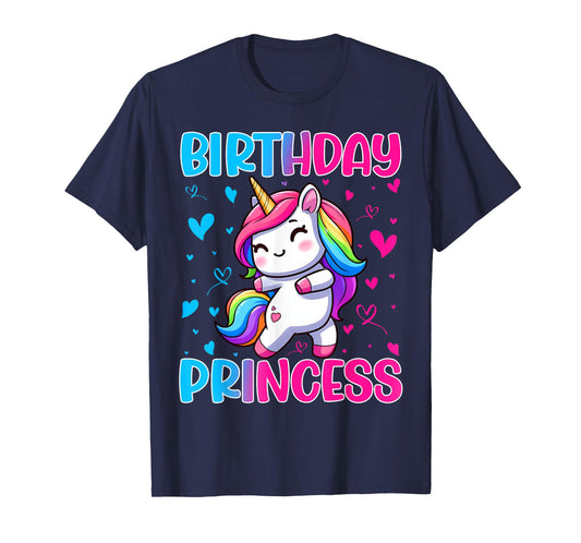 Happy Birthday Princess Unicorn Cute Rainbow Hearts Girls T-Shirt