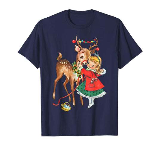Vintage 1950s Old Fashioned Family Christmas Retro Christmas Reindeer And Girl Mid Century Xmas T-Shirt