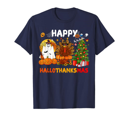 Retro Happy Hallothanksmas Halloween Thanksgiving Christmas T-Shirt