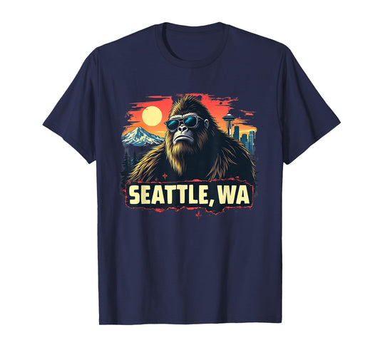Seattle Cool Bigfoot with Downtown and Mountains T-Shirt