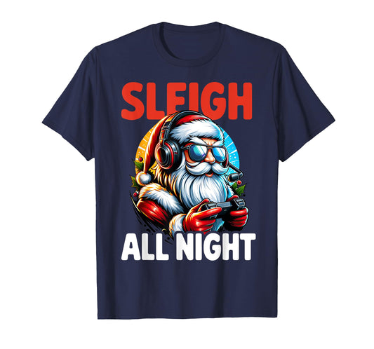 Christmas Gamer Boys Sleigh All Night Video Game Santa Xmas T-Shirt