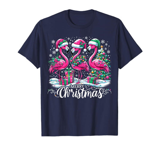 Merry Christmas Hat Santa Flamingo Light Christmas T-Shirt