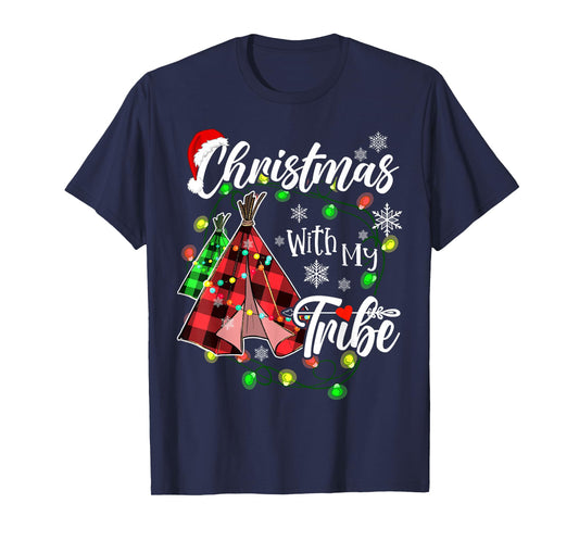 Christmas With My Tribe Family Plaid Pajamas Xmas Lights T-Shirt