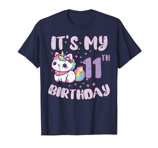 Its My 11th Birthday Unicorn Cat 11 Year Old Bday Girls Kids T-Shirt